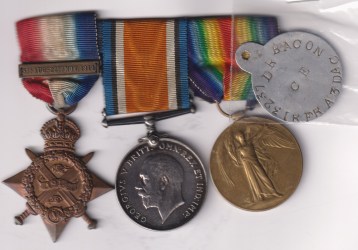 1914 Star with original Mons clasp (13237 Dvr. S.J. Bacon R.F.A.) British War Medal, Victory Medal (13237 Dvr. S.J. Bacon R.A.) 13237 Driver S.J. Bacon Royal Artillery EF