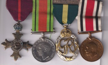 Most Excellent Order of the British Empire, Officers O.B.E., 1st type (military), hallmark 1919,  Defence Medal, Efficiency Decoration 1930, George VI issue, 2nd Type bar Territorial, reverse dated 1941, Special Constabulary Long Service Medal 1919, George V issue, coinage head, (George B. Atherton)  Lieutenant Colonel G. Atherton.  EF