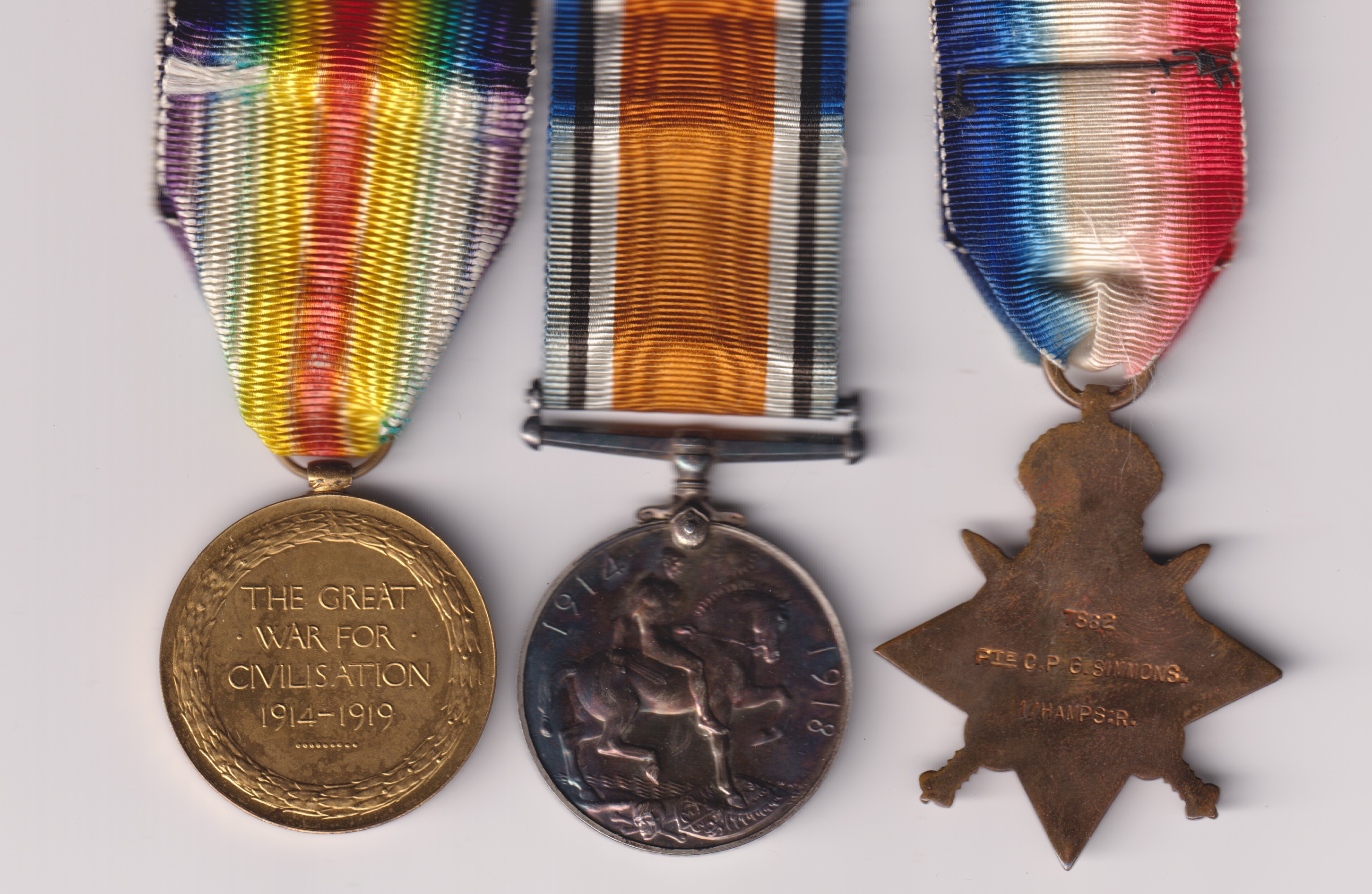 1914 Star, with original Mons clasp,(8762 Pte. C.P.G. Simmons 1/Hamps.R.) British War Medal, Victory Medal ( 8762 Sgt. C.P.G. Simmons Hamps.R.) Memorial Plaque (Charles Patrick George Simmons) 8762 Sergeant C.P.G. Simmons EF - Image 2
