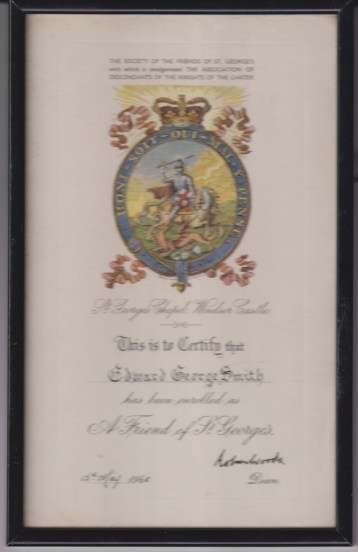 The Society of Friends of St. George Members Certificate Edward George Smith 15th May 1968.