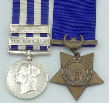 Egypt Medal 1882-1889, (Undated) 2 clasps, The Nile 1884-85, Abu Klea (881. Pte. I. Downey. 1/R. Suss: R.); Khedive's Star 1884, unnamed as issued. A Desert Column casualty's pair awarded to Private W. Downey, 1st Battalion, Royal Sussex Regiment. First star marks, VF