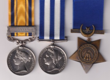 South Africa 1877-79, 1 clasp, 1879 (Condr. J. Fletcher. Commissariat.); Egypt Medal 1882-1889 (Dated 1882)  no clasp (C of Supls. J. Fletcher. C & T. Staff.); Khedive's Star, dated 1882, impressed on the reverse (J. Fletcher. C & T. Staff.) and additionally engraved  (J. F.) two small drill holes at the base of the third for mounting purposes. VF