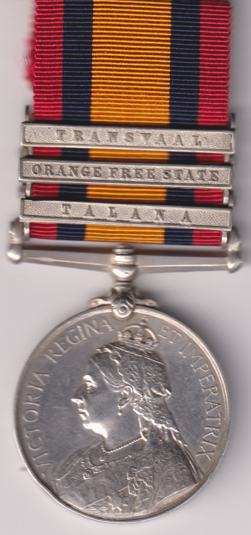 Queen's South Africa 1899-1902, 3 clasps, Talana, Orange Free State, Transvaal 5293 Private B. McKiernan, Royal Irish Fusiliers . GVF