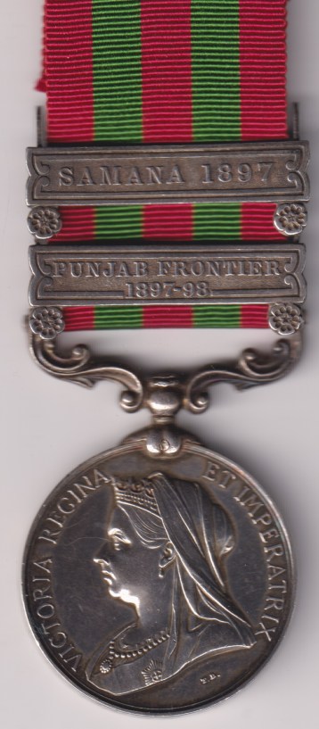 India General Service 1895-1908, 2 clasps, Punjab Frontier 1897-98, Samana 1897, 3717 Private M. Cummins 2nd battalion Royal Irish Regiment.  GVF/EF