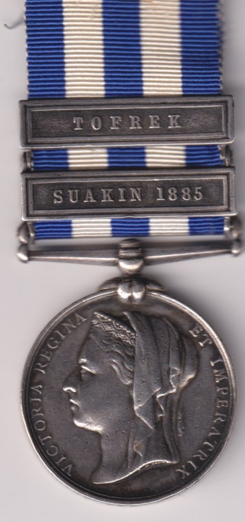 Egypt Medal 1882-1889, (Undated), 2 clasps, Suakin 1885, Tofrek, Private A. Crisp Royal Marine Light Infantry.  Star marks A.V.F.