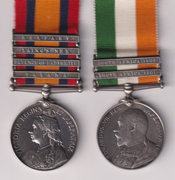 Queen's South Africa 1899-1902, 4 clasps, Talana, Defence of Ladysmith, Laing's Nek, Belfast (3544 Pte. W. Crooks, 1: Leic: Regt),number officially corrected; King's South Africa 1901-02, South Africa 1901, South Africa 1902 (3544 Pte G. Crooks. Leicester; Regt),(note initial) 3544 Private G. Crooks. Leicester Regiment. GVF/EF