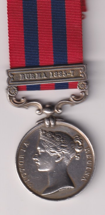 India General Service 1854-95, 1 clasp, Burma 1885-7, 1135 Sergeant  E. Frogerty 2d. Bn. Liverpool Regiment. VF