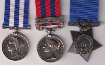 Egypt Medal 1882-1889, (Dated 1882) (1695 Pte. Ginks 2/Derby R.) India General Service Medal 1854-1895, 1 clasp Sikkim 1888, (1695 Pte. Ginks 2nd Derby R.) Khedive's Star 1882-1891, Dated 1882, unnamed as issued, 695 Private Ginks 2nd Derby Regiment. VF/EF