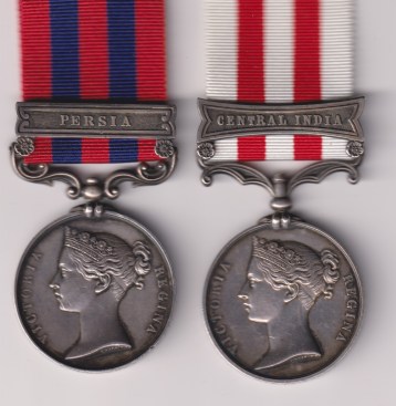 India General Service 1854-1895, 1 clasp, Persia (Bombardier J. Cronoly. Artillery.); Indian Mutiny 1857-1859, 1 clasp, Central India (Bomr. John Cronnolly, 3rd Tp. H. Bde. Bombay Arty.) Bombardier John Cronnolly, Bombay Artillery. (note surname spelling differs)  GVF/EF