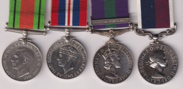 Defence Medal, War Medal, General Service Medal 1918-1962, 6th issue Elizabeth II DEI GRATIA: 1 clasp, Arabian Peninsula (1327909 Snr. Tech R.E.C. Willis R.A.F.) Royal Air Force Long Service and Good Conduct Medal 1919, Elizabeth II issue, 2nd type, without BR:OMN (1327909 Snr. Tech R.E.C. Willis R.A.F.) 1327909 Senior Technician R.E.C. Willis Royal Air Force. GVF