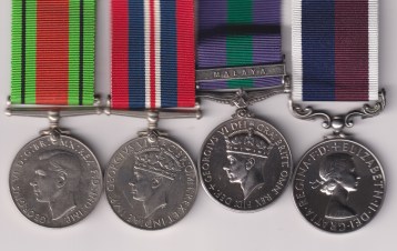 Defence Medal, War Medal, General Service Medal 1918-1962, 4th issue George VI DEI GRA:, 1 clasp, Malaya (1167309 Cpl. W.E. Keen R.A.F.) Royal Air Force Long Service and Good Conduct Medal 1919, Elizabeth II issue, 2nd type, without BR:OMN (7309 Sgt. W.E. Keen R.A.F.) 7309 Sergeant W.E. Keen Royal Air Force.  GVF