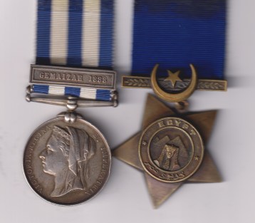 Egypt Medal 1882-1889, (Undated)   1 clasp, Gemaizah 1888 (2207 Pte. W. Waldie. 2/K.O. Sco: Bord:); Khedive’s Star, undated, unnamed as issued. Private W. Waldie, King’s Own Scottish Borderers. Fine/Near Fine.